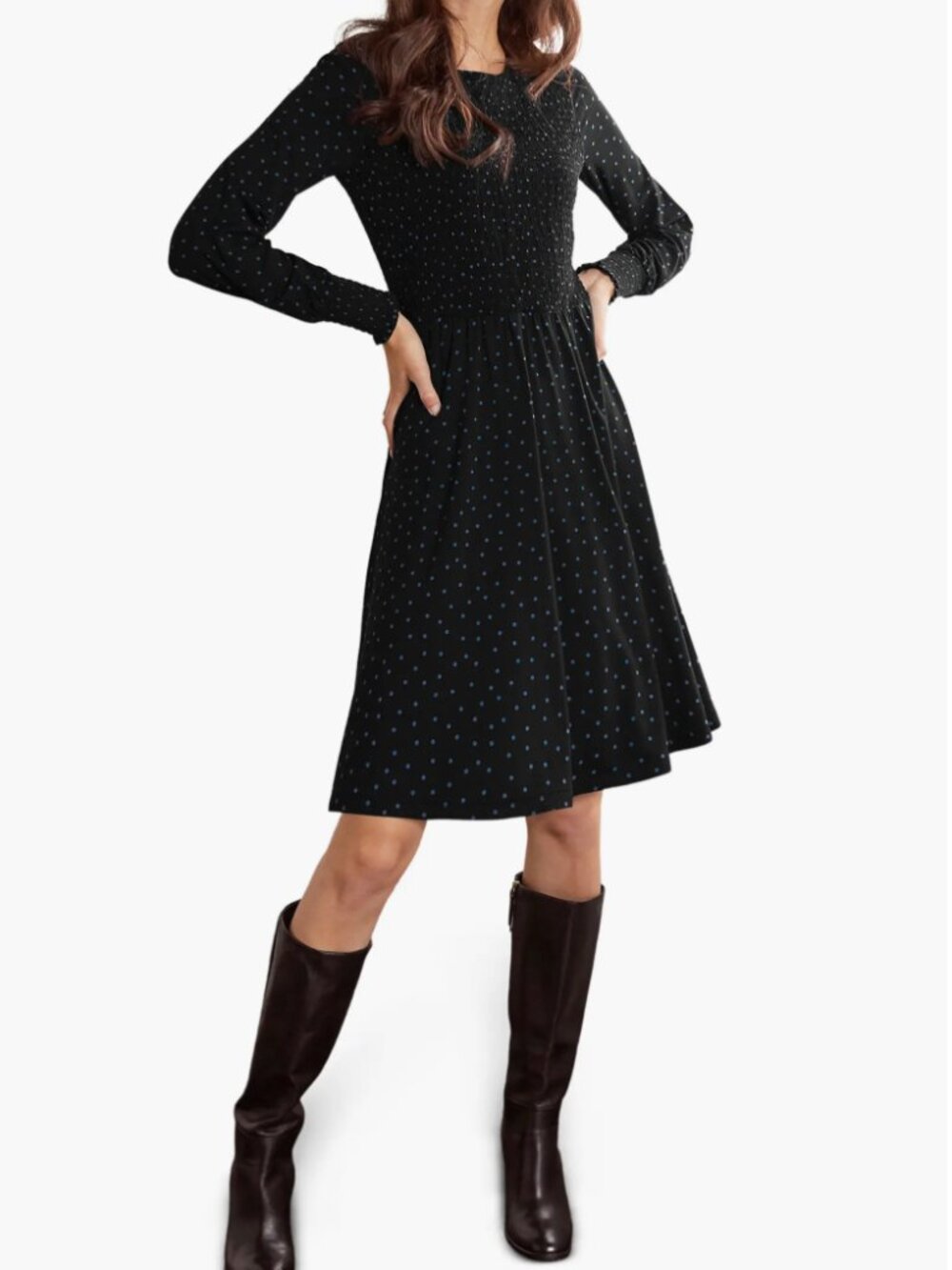 Boden Lena Dot Smocked Long Sleeve Dress